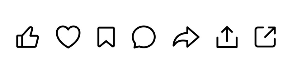 Like, comment, share icon buttons and Thumbs up and love heart flat icon , Social media notification icons. emoji post reactions - Add to favorite icon set. EDITABLE STROKE