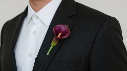 A man in a suit with a calla lily boutonniere on his lapel.