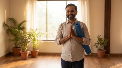 Indian man with beard holding yoga mat and showing namaste gesture in sunny room. Healthy lifestyle and wellness training banner with copy space