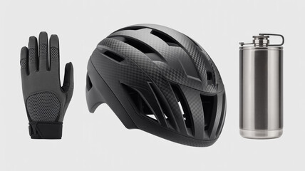 Professional studio product shot of black cycling glove, aerodynamic ventilated helmet, and stainless steel water bottle on white background, clean lighting, sharp focus, commercial stock style.