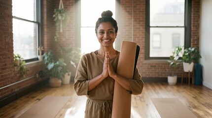 Indian woman yoga instructor holding mat and standing with hands in prayer position in sunny studio. Health and wellness lifestyle banner with copy space