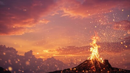 Eruption of volcanic lava during sunset with vibrant sky and glowing particles. Natural phenomena and geological activity. The concept of volcanic eruption and Earth's dynamics