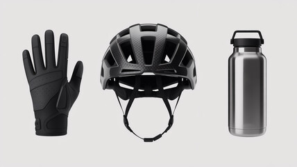 Professional studio product shot of black cycling glove, aerodynamic ventilated helmet, and stainless steel water bottle on white background, clean lighting, sharp focus, commercial stock style.