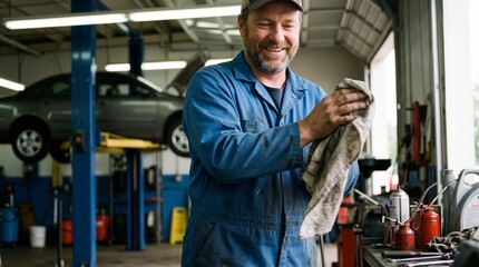 Smiling caucasian mechanic in blue coveralls wiping hands with rag in auto repair shop. Car maintenance service and small business success banner with copy space