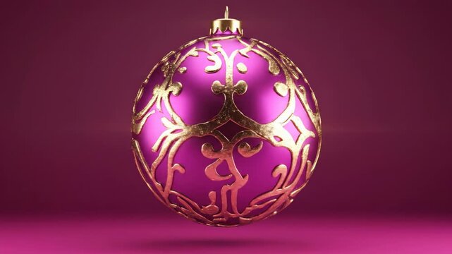 Abstract motion graphic loop of a pristine floating magenta ornament featuring intricate metallic gold patterns rotating slowly against a deep pink vibrant background futuristic, rotating, technology