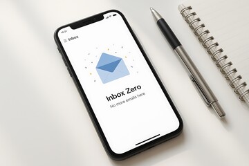 Inbox Zero on Smartphone Screen with Pen and Notebook