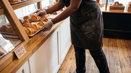 African american woman baker arranging fresh croissants on tray in wooden display case at bakery shop. Small business and food service industry banner with copy space