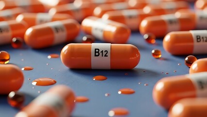 Vitamin B12 capsules scattered on blue surface with liquid drops