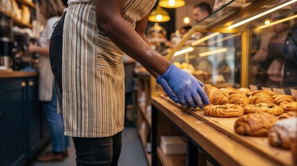 African american female baker wearing apron and blue gloves arranging fresh croissants on shelf in bakery shop. Small business owner and food service hygiene