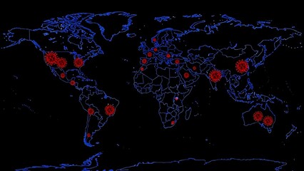 World map with blue outlines and red virus symbols on black background