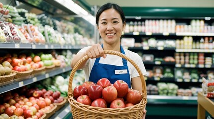 Asian woman employee in blue apron holding wicker basket full of red apples and smiling at camera in grocery store produce section. Small business and healthy food retail