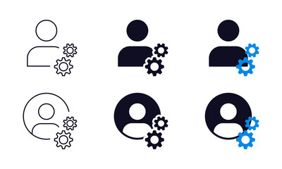 User profile and account settings icons set with gear symbols. Modern UI elements in outline and solid styles for web, mobile, and apps.