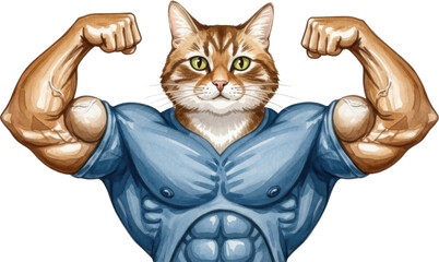Muscular cat flexing muscles in blue shirt isolated on transparent background