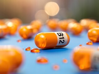 Vitamin B12 orange capsule on blue surface with scattered pills