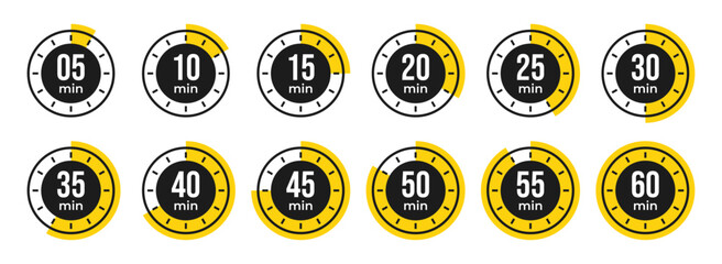 Minute Timer, clock, stopwatch, Countdown timer, cooking time icon set. 0, 5, 10, 15, 20, 25, 30, 35, 40, 45, 50, 55, 60 minute dial. Blue color isolated set, symbol. Vector illustration