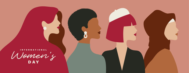 Set of International Women's Day poster, greeting card, invitation card, cover, sale promotion, pattern background with minimal women silhouettes, handwritten quote and typography design. © LittleWhale