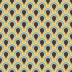 Seamless retro rainbow arch pattern with dense repeating curved shapes creating colorful abstract background for textile, fabric, fashion, packaging, wallpaper and playful surface design