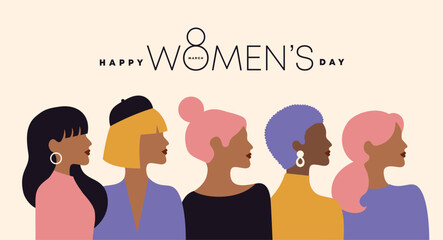 Set of International Women's Day poster, greeting card, invitation card, cover, sale promotion, pattern background with pastel women faces, shapes, simple layout and typography design. © LittleWhale