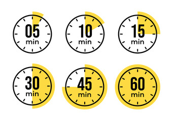 Minute Timer, clock, stopwatch, Countdown timer, cooking time icon set. 0, 5, 10, 15, 20, 25, 30, 35, 40, 45, 50, 55, 60 minute dial. Blue color isolated set, symbol. Vector illustration
