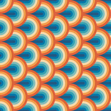 Seamless retro rainbow arch pattern with repeating curved shapes creating colorful abstract background for textile, fabric, fashion, packaging, wallpaper and playful surface design