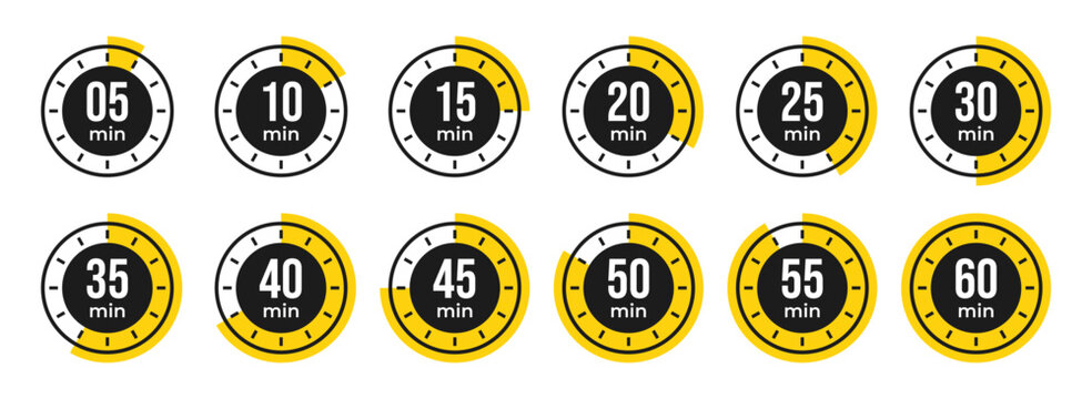 Minute Timer, clock, stopwatch, Countdown timer, cooking time icon set. 0, 5, 10, 15, 20, 25, 30, 35, 40, 45, 50, 55, 60 minute dial. Blue color isolated set, symbol. Vector illustration