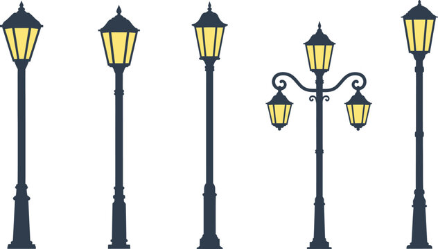 Set of 5 street lamp styles flat illustration victorian gas lamp modern led street light park globe lamp and lantern
