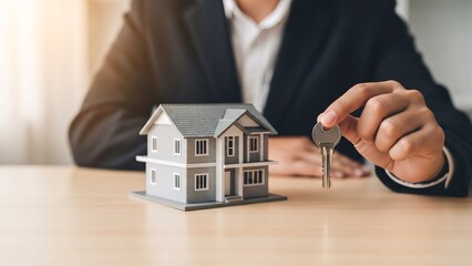 Real estate agent handing over house keys to client