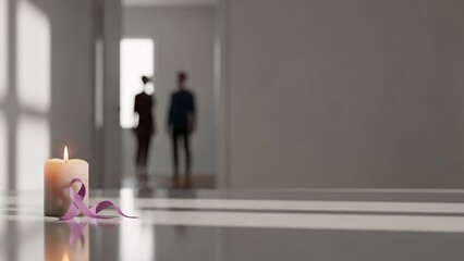 Fototapeta premium Candle with pink ribbon on floor, couple in background