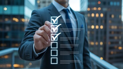 Businessman completing a digital checklist on a virtual interface with a city skyline background, representing task management and goal achievement