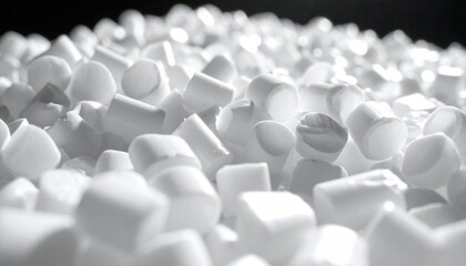 Obraz premium Close-up of white polymer granules, the raw material for plastic manufacturing. These recycled pellets represent sustainability and the circular economy in modern industry, isolated on a black bg.
