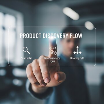 Man's finger touching a screen displaying a product discovery flow chart