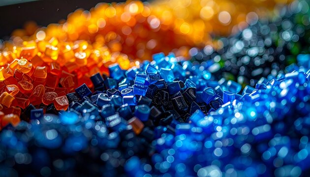Close-up of vibrant blue and orange recycled plastic polymer granules. Raw material for industrial production, symbolizing sustainable manufacturing, recycling process, and environmental conservation.