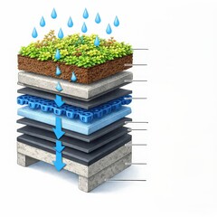Extensive green roof layer diagram with sedum and drainage components