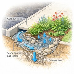 Curb cut inlet to rain garden with riprap splash pad isometric diagram