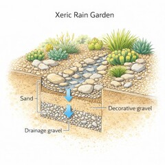 Xeric rain garden cross section for arid climate stormwater infiltration