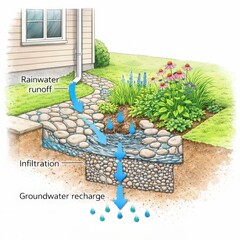 Residential rain garden diagram with disconnected downspout and infiltration