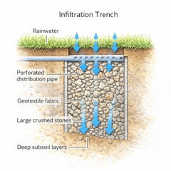 Infiltration trench cross section with perforated pipe and gravel
