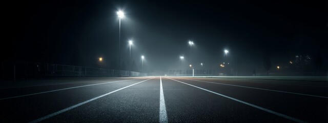 Nighttime Track with Illuminated Lanes and Dark Surroundings Under Bright Lights