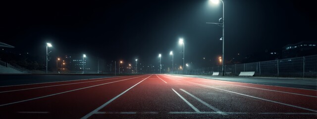Illuminated Track Lane at Night with Bright Lights in Dark Surroundings for Athletes and Sports Activities