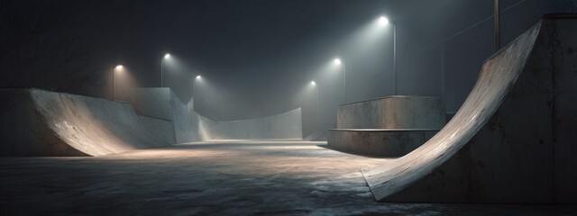 Nighttime Park Scene with Harsh Spotlights Creating Deep Shadows at a Skate Park