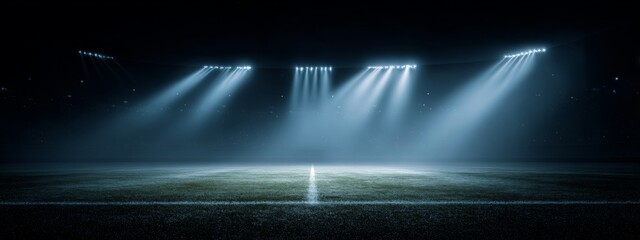 Wide Angle View of Misty Night Stadium Field Illuminated by Bright Lights