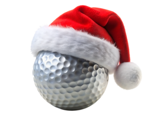  Golf ball with a Christmas Santa hat isolated on white background, PNG. AI Generated