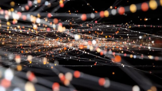 Network of connections illustrates data transmission over a spinning DNA strand, network of connections over dna strand spinning