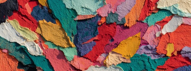 Colorful Layered Torn Paper Collage with Vibrant Textures and Shades in Bright Tones
