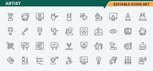 Artist icon set. Trendy minimal icons. Editable stroke. Vector illustration. Exhibit simple icon set. Pack of video, exhibit, art, culture and more.