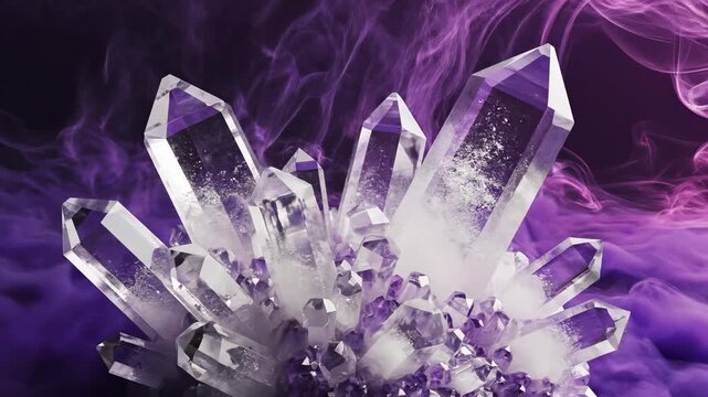 Abstract motion graphic loop of clear quartz crystals slowly growing and emerging from a flowing sea of vibrant purple atmospheric smoke and light energy texture, slowmotion, graphic