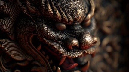 Traditional chinese dragon head intricate metal carving