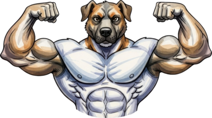 Strong dog with muscular body flexing arms isolated on transparent background