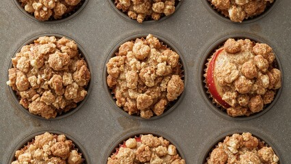 Baking cups filled with crumble topping in a muffin tin for baking.