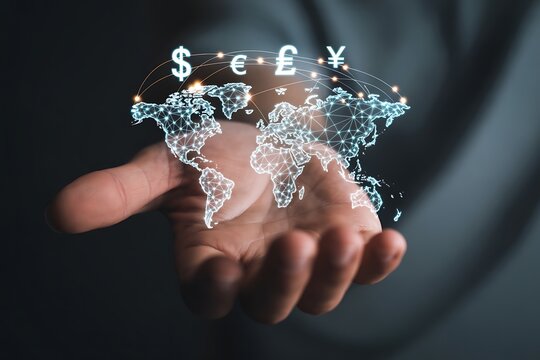 Global finance and international currency exchange concept with hand holding digital world map and symbols - Powered by Adobe